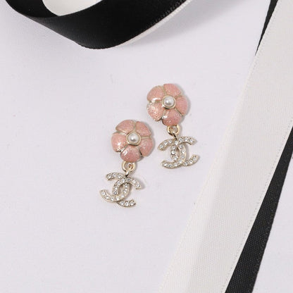 18K  Chanel Black & Pink Camellia Diamond Earrings