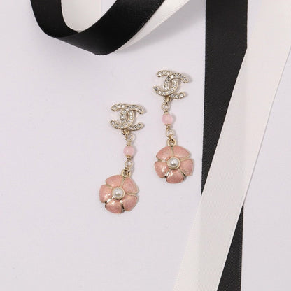18K  Chanel Black & Pink Camellia Diamond Long Earrings